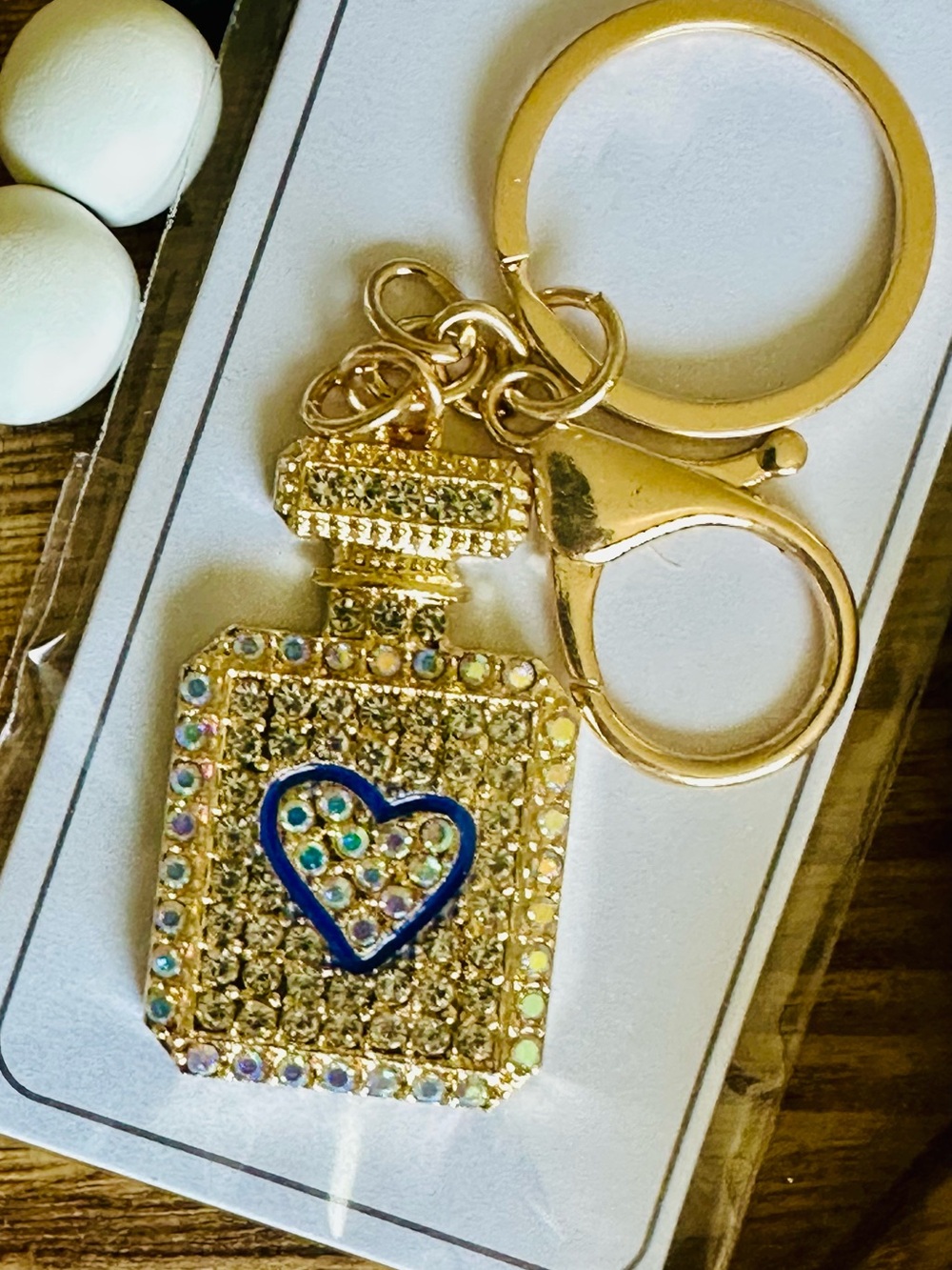 NWT Gold Bag Charm Keychain Crystal Perfume Bottle w/ Blue  Enameled Heart